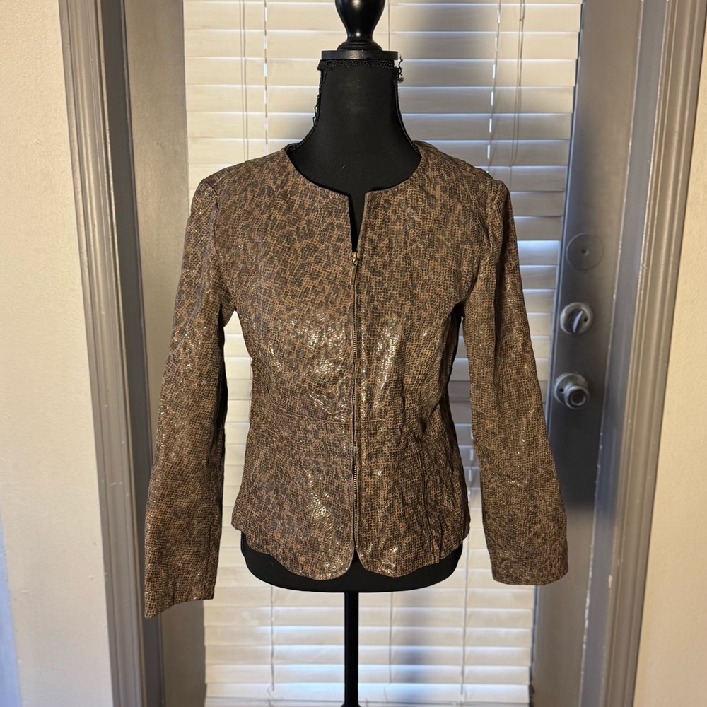 Brown Metallic Leopard Textured Zip-Front Women’s Jacket